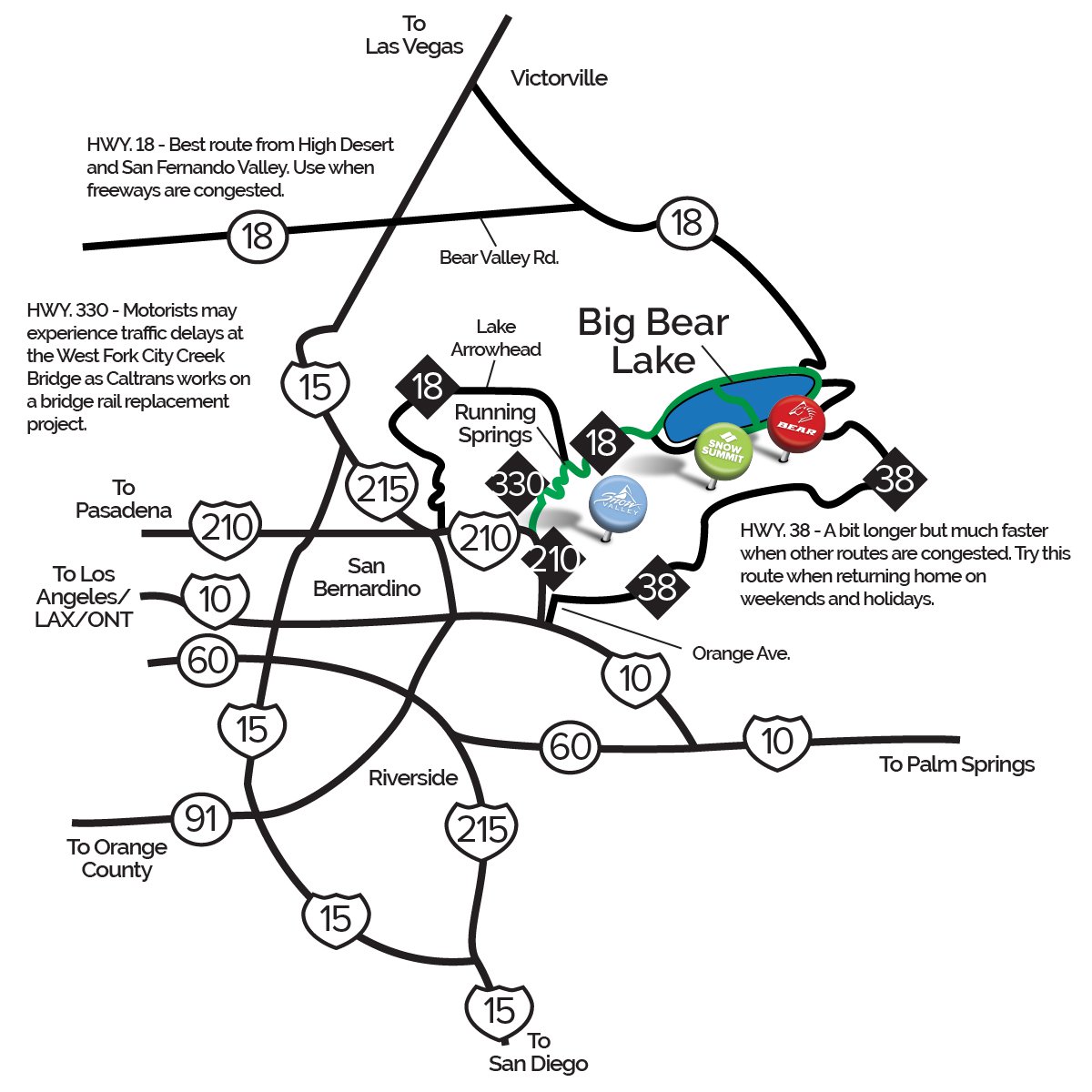 Driving map to Big Bear Lake from SR-330 to SR-28 in Running Springs showing all routes open with North Shore access